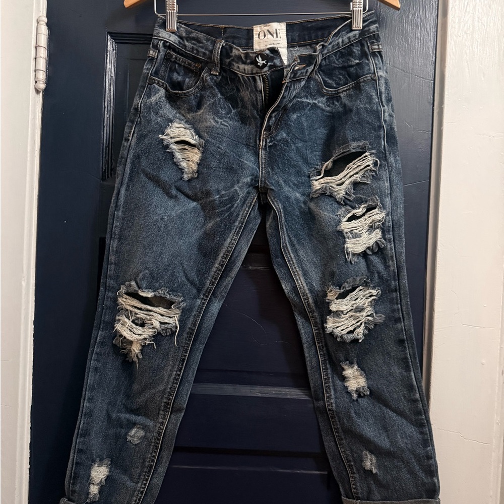 One Teaspoon Ripped Dark Blue Boyfriend Jeans